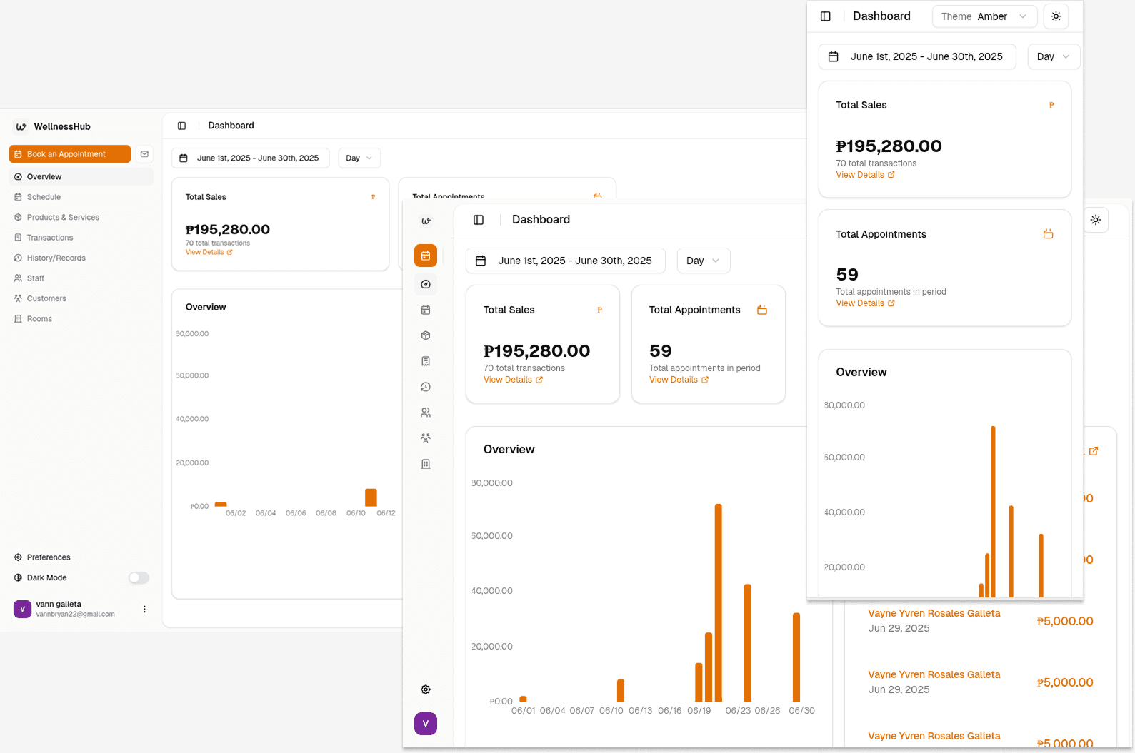 WellnessHub dashboard interface showing appointment calendar, customer management, and business overview for wellness professionals
